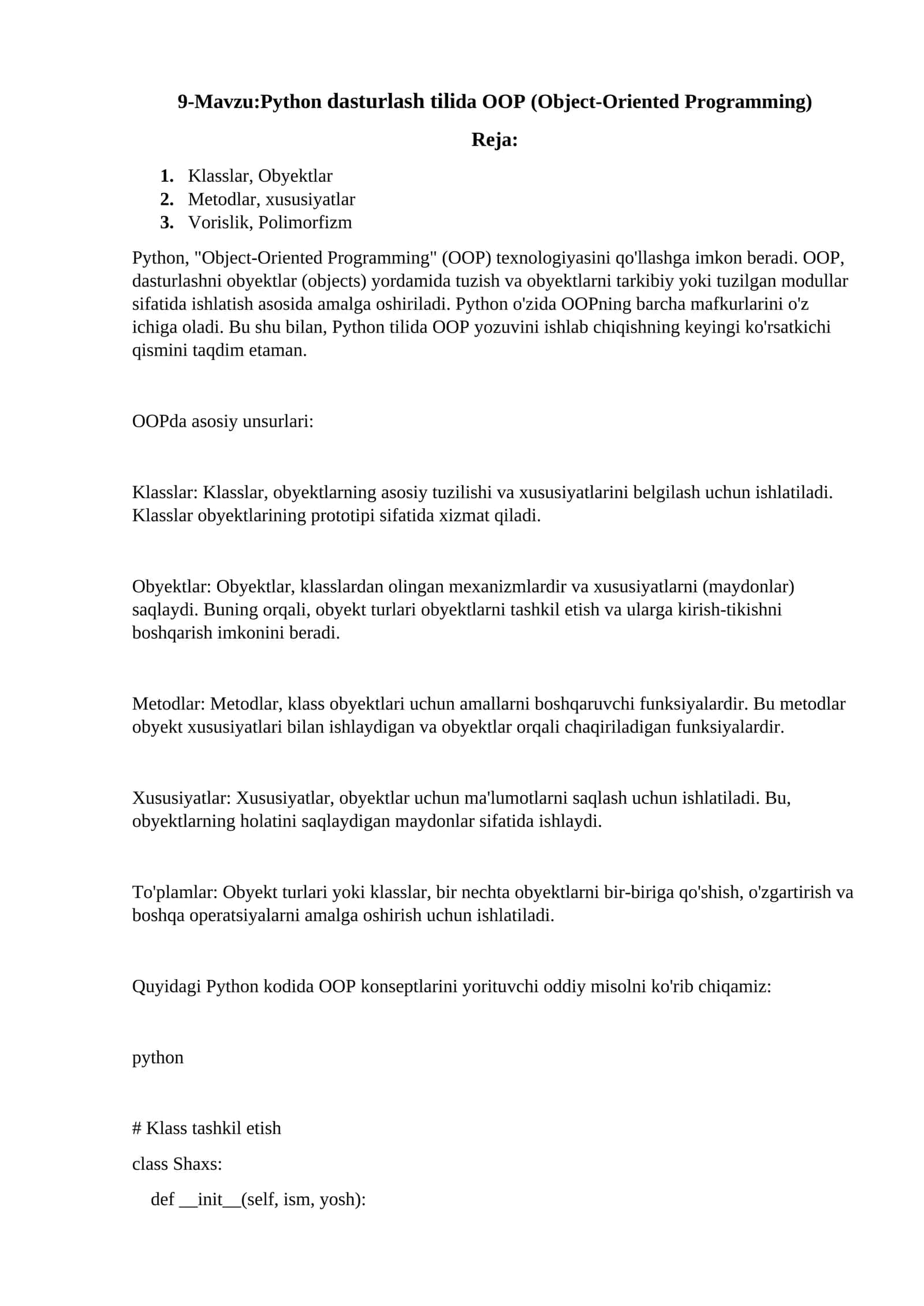 Python dasturlash tilida OOP (Object-Oriented Programming) 1