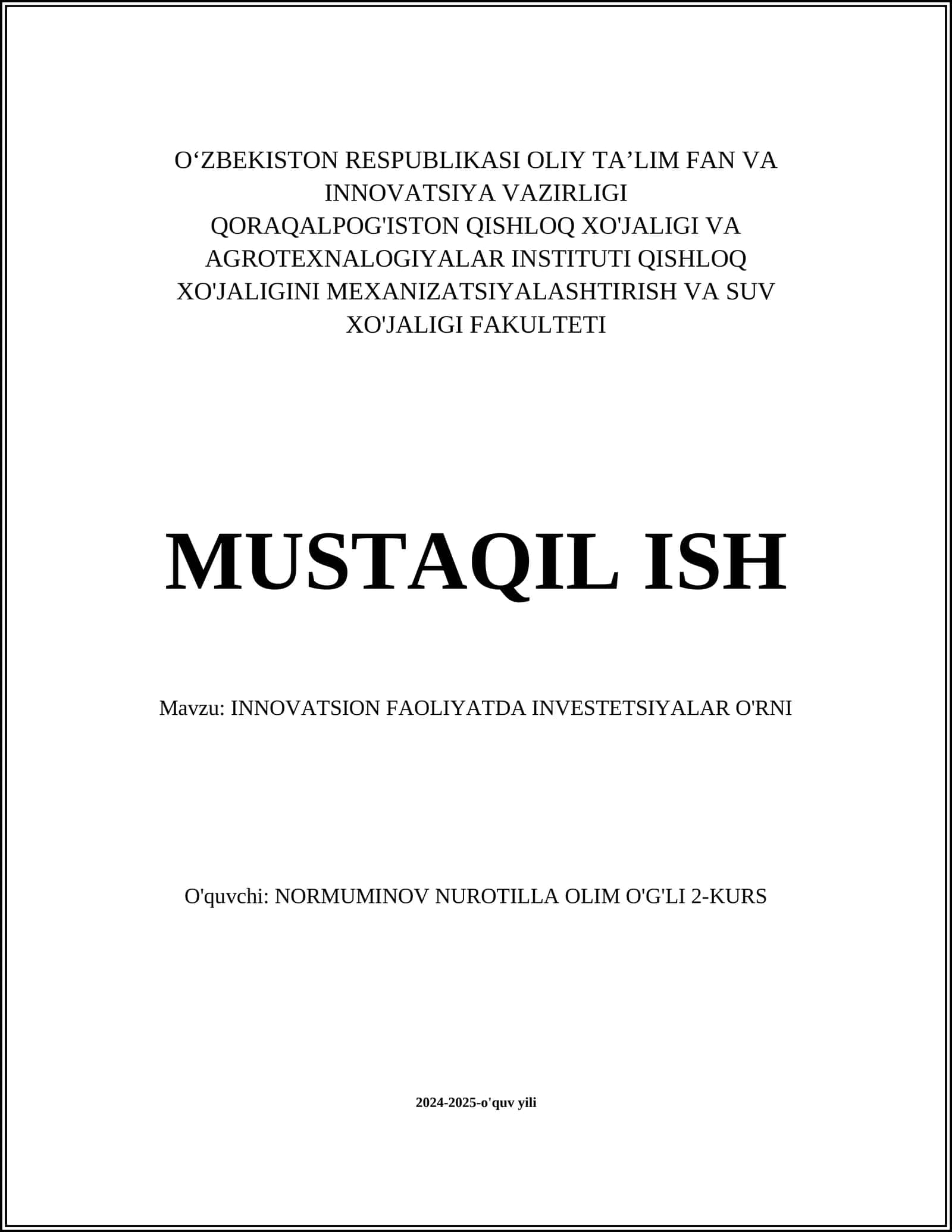 INNOVATSION FAOLIYATDA INVESTETSIYALAR O'RNI 1