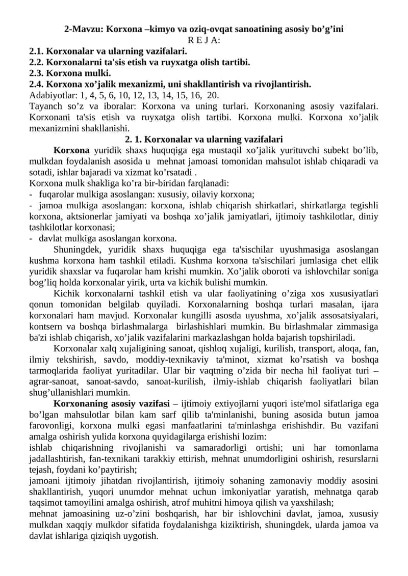 Korxona –kimyo va oziq-ovqat sanoatining asosiy bo’g’ini 1