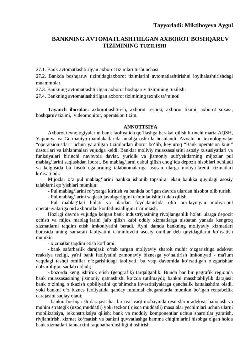 BANKNING AVTOMATLASHTIILGAN AXBOROT BOSHQARUV TIZIMINING TUZILISHI 1