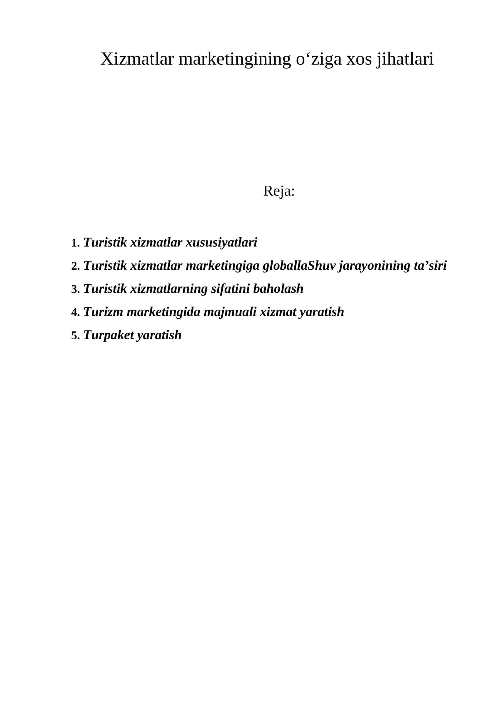 Turistik xizmatlar xususiyatlari 1