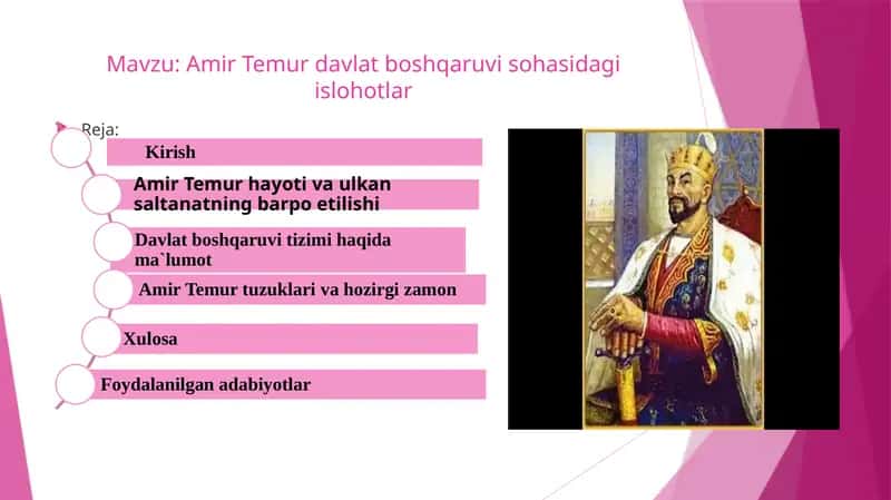 Amir Temur davlat boshqaruvi sohasidagi islohotlar 1