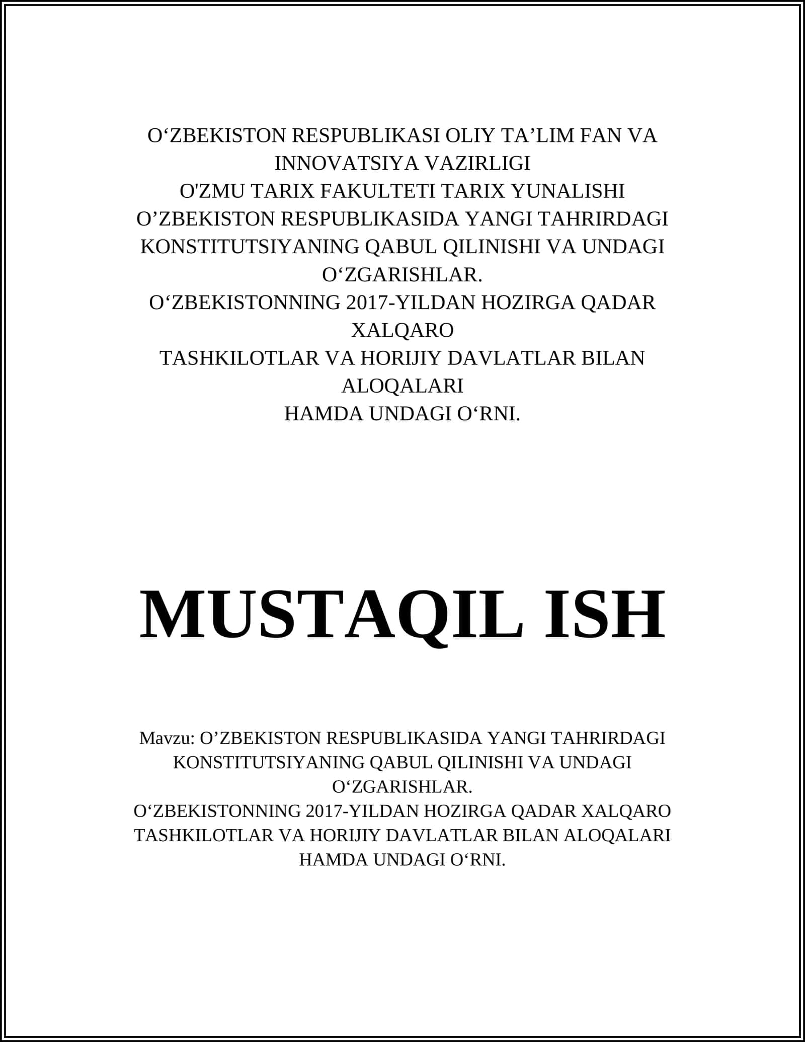O'ZMU TARIX FAKULTETI TARIX YUNALISHI 1