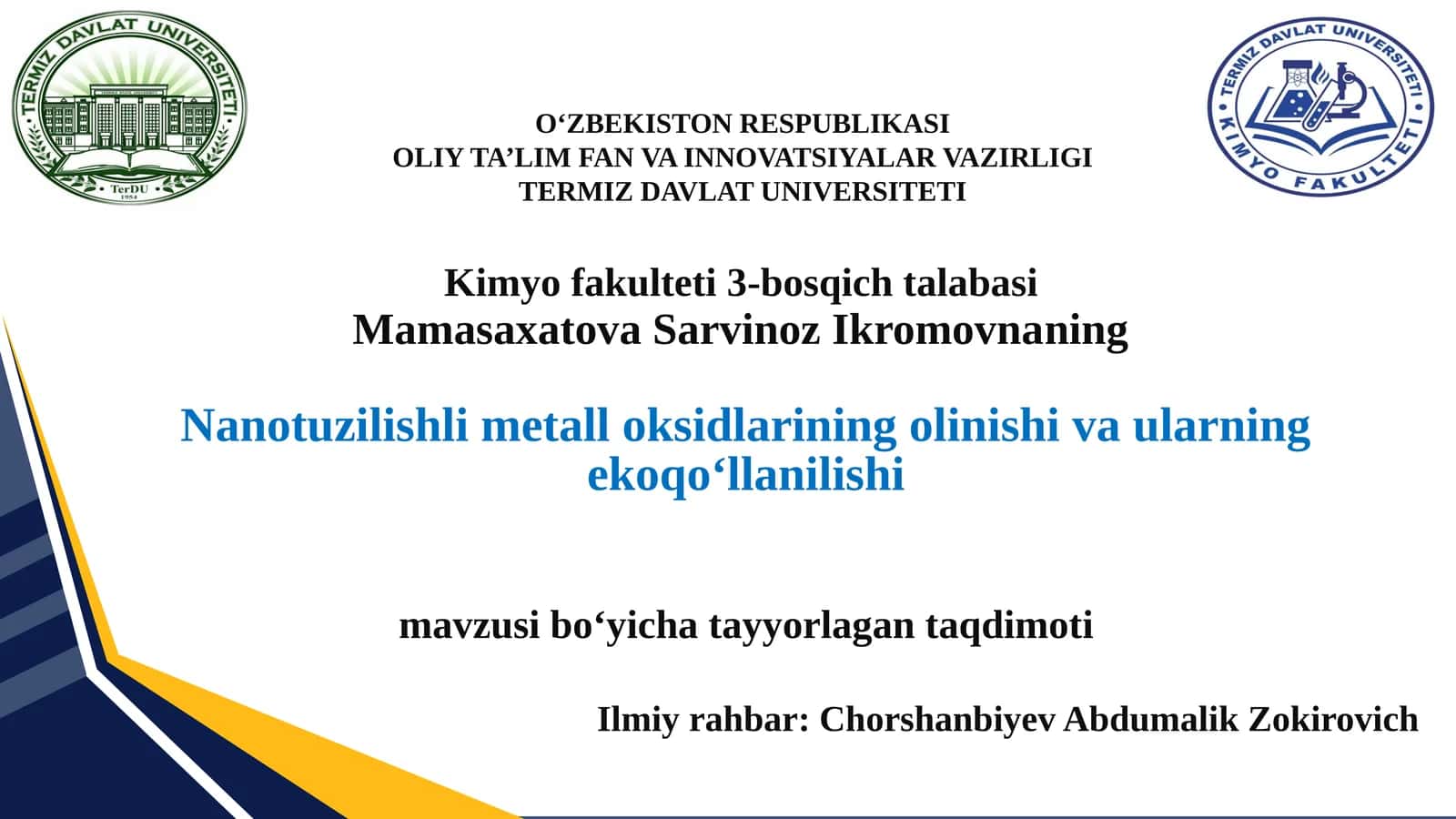 Nanotuzilish Limetalloksidlarining Olinishi va Ular Ning Ekoqo‘llanilishi 1
