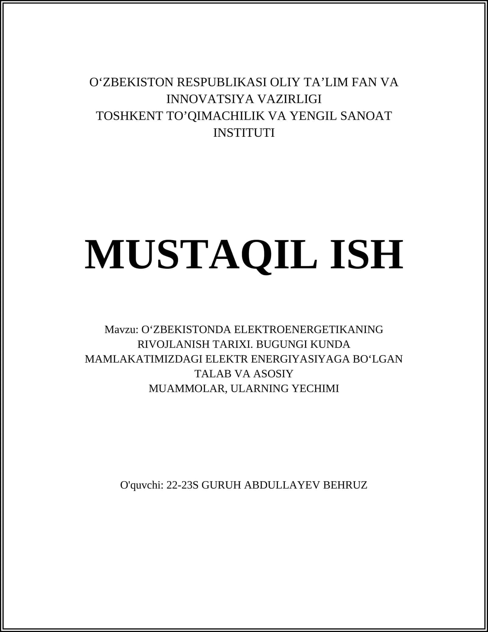 О‘ZBEKISTONDA ELEKTROENERGETIKANING RIVOJLANISH TARIXI. BUGUNGI KUNDA 1