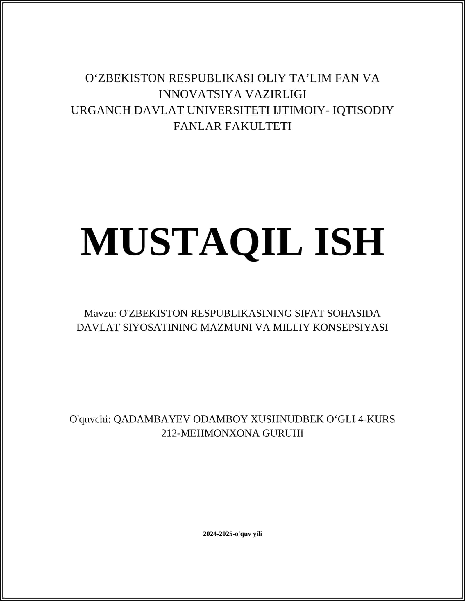 O'ZBEKISTON RESPUBLIKASINING SIFAT SOHASIDA DAVLAT SIYOSATINING MAZMUNI VA MILLIY KONSEPSIYASI 1