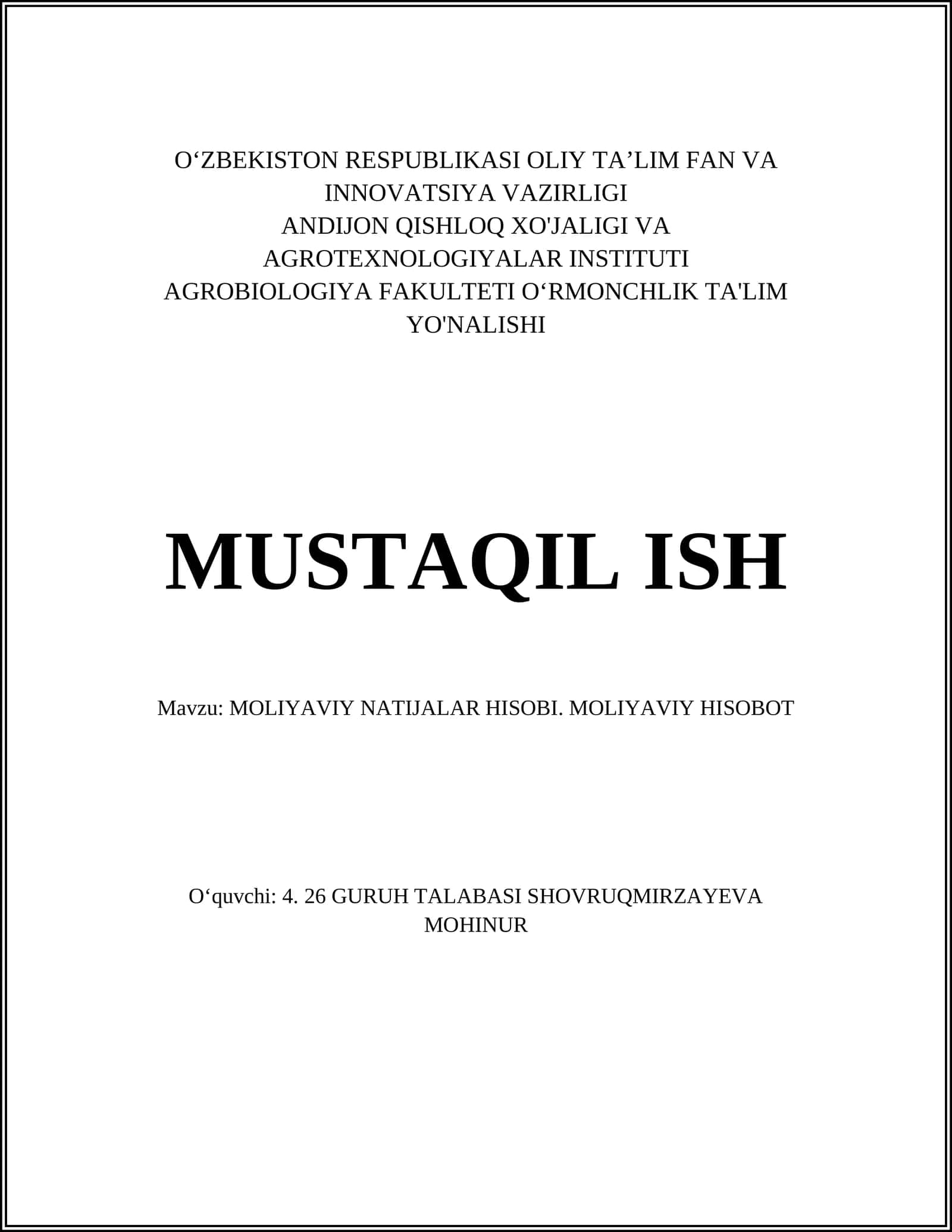 MOLIYAVIY NATIJALAR HISOBI. MOLIYAVIY HISOBOT 1