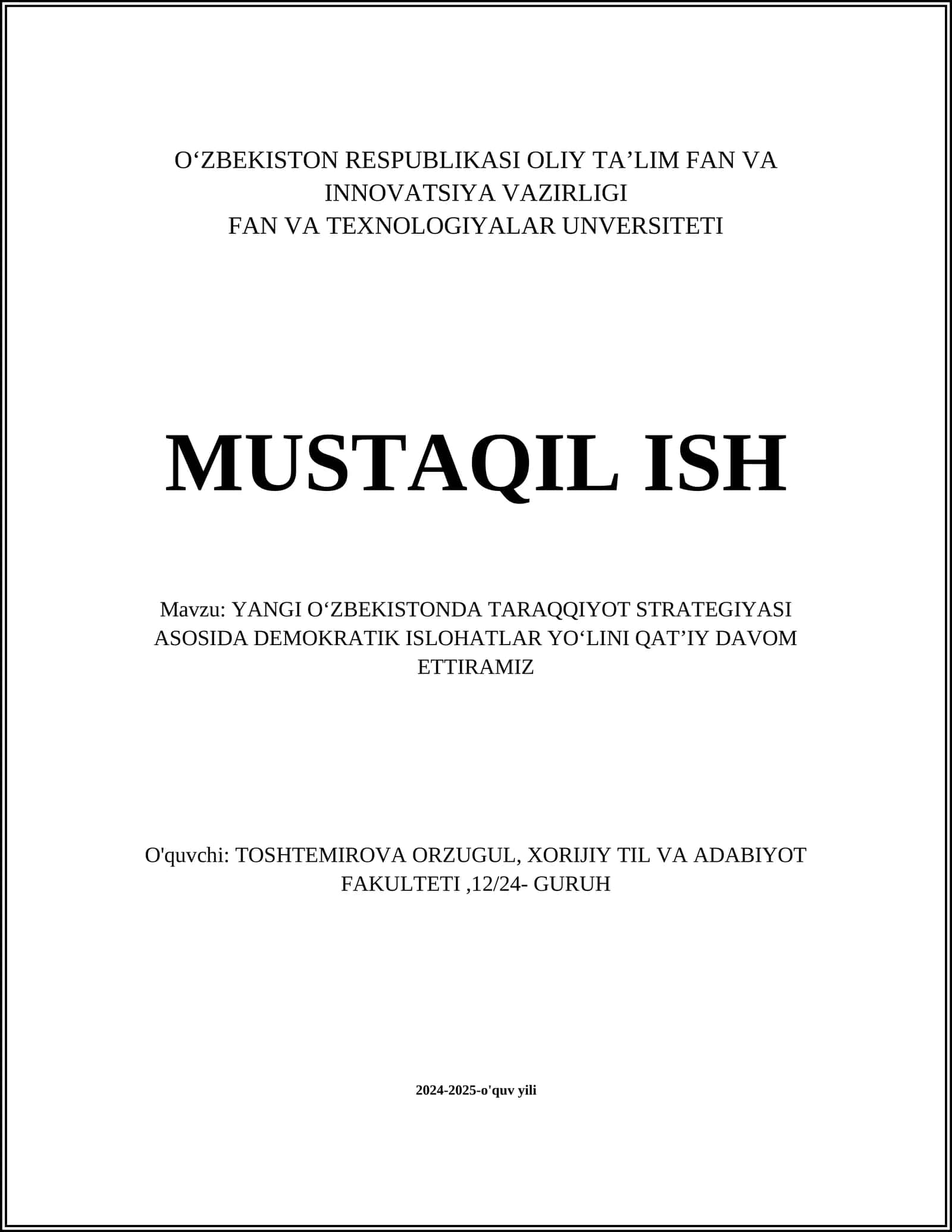 YANGI OʻZBEKISTONDA TARAQQIYOT STRATEGIYASI ASOSIDA DEMOKRATIK ISLOHATLAR YOʻLINI QATʼIY DAVOM ETTIRAMIZ 1