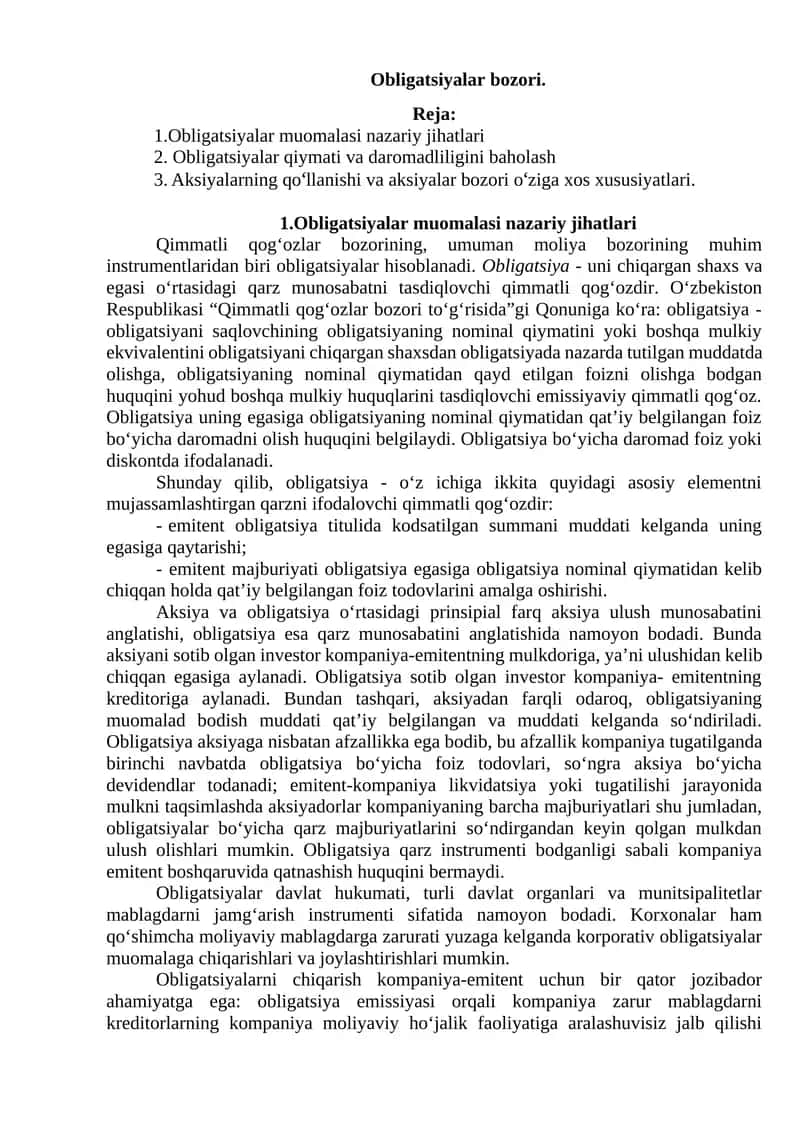 Obligatsiyalar muomalasi nazariy jihatlari 1