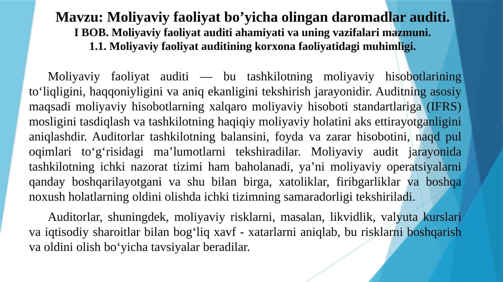 Moliyaviy faoliyat bo’yicha olingan daromadlar auditi 1