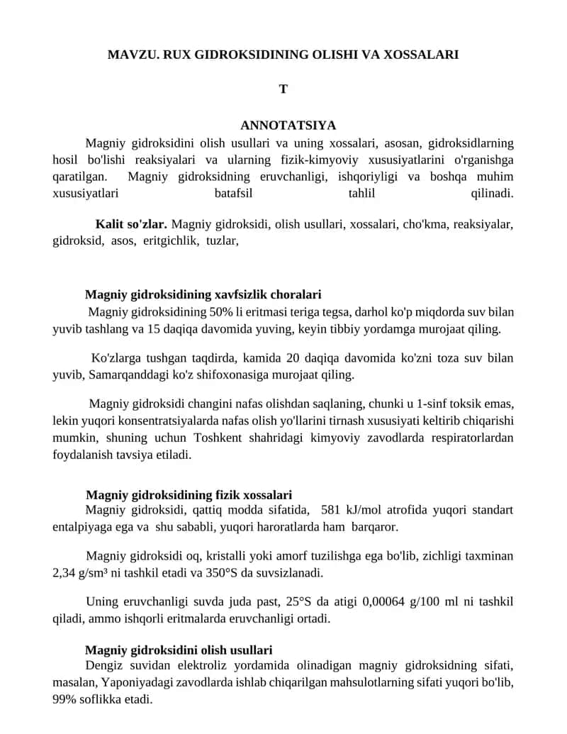 Magniy gidroksidini olishi va xossalari 1