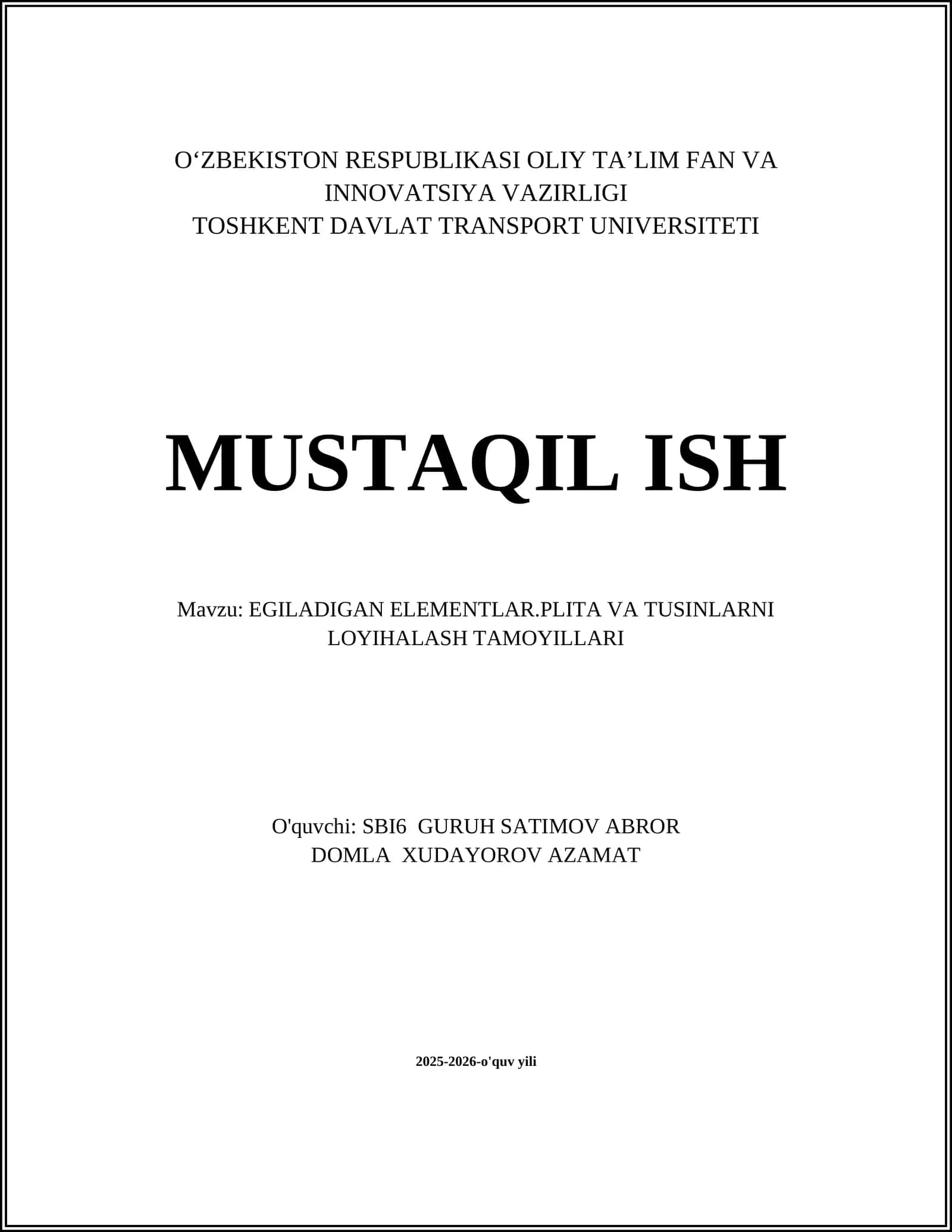 EGILADIGAN ELEMENTLAR.PLITA VA TUSINLARNI LOYIHALASH TAMOYILLARI 1
