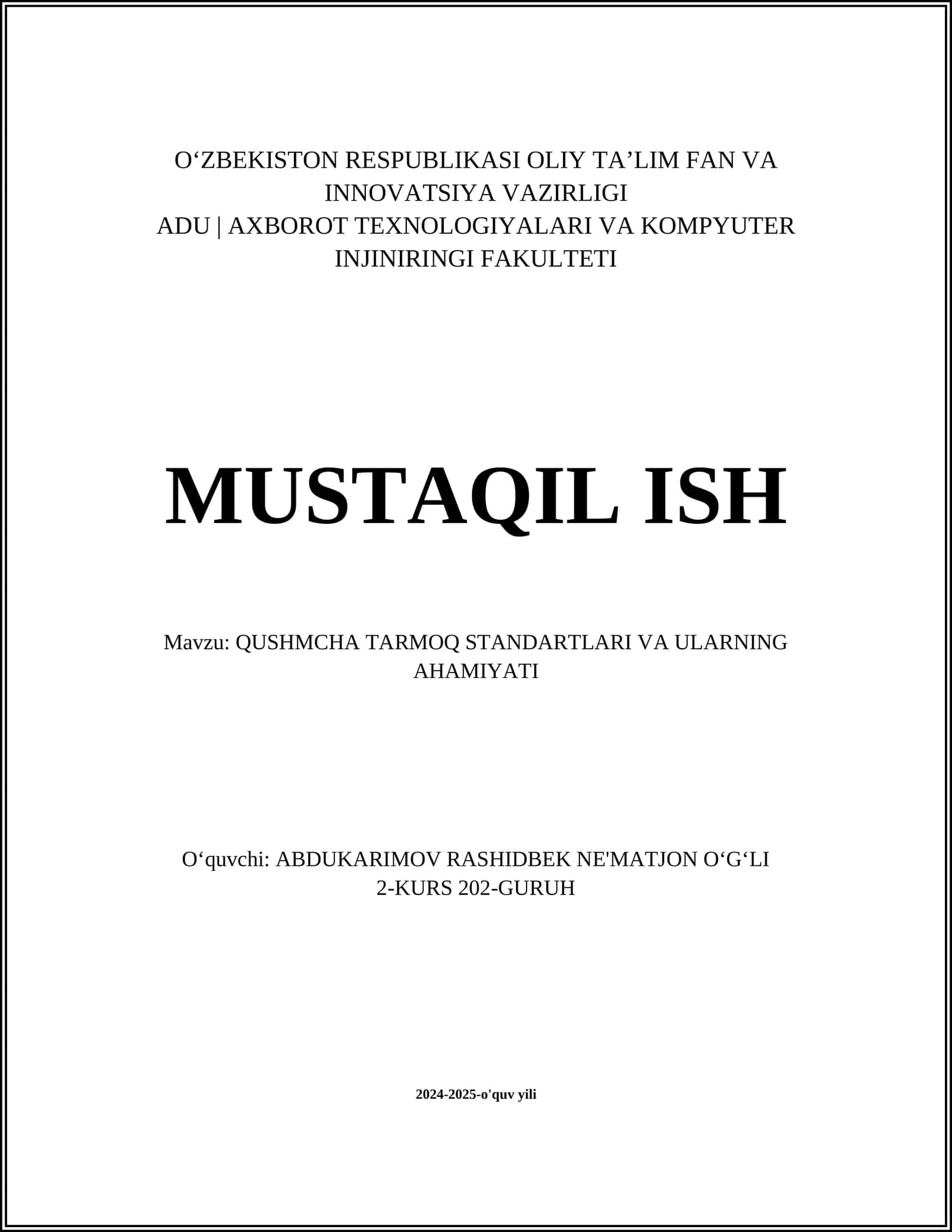 QUSHMCHA TARMOQ STANDARTLARI VA ULARNING AHAMIYATI 1
