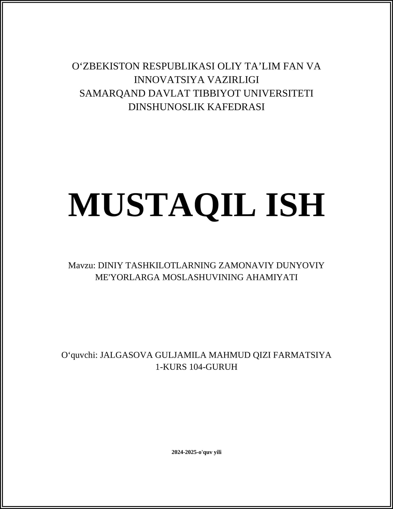 DINIY TASHKILOTLARNING ZAMONAVIY DUNYOVIY ME'YORLARGA MOSLASHUVINING AHAMIYATI 1