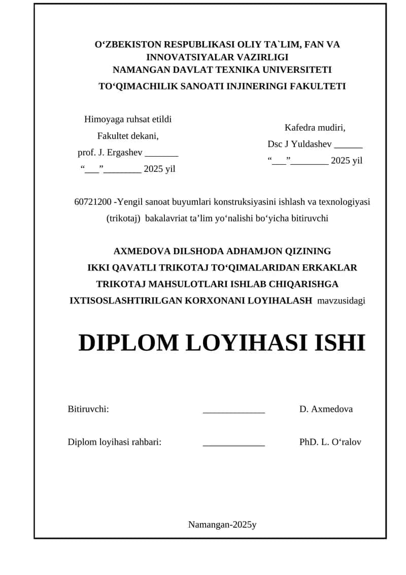Ikki Qavatli Trikotaj Toʻqimalaridan Erkaklar Trikotaj Mahsulotlari Ishlab Chiqarishga Ixtisoslashtirilgan Korxonani Loyihalash 1
