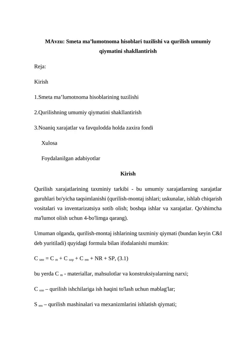 Qurilish xarajatlarini tuzish 1