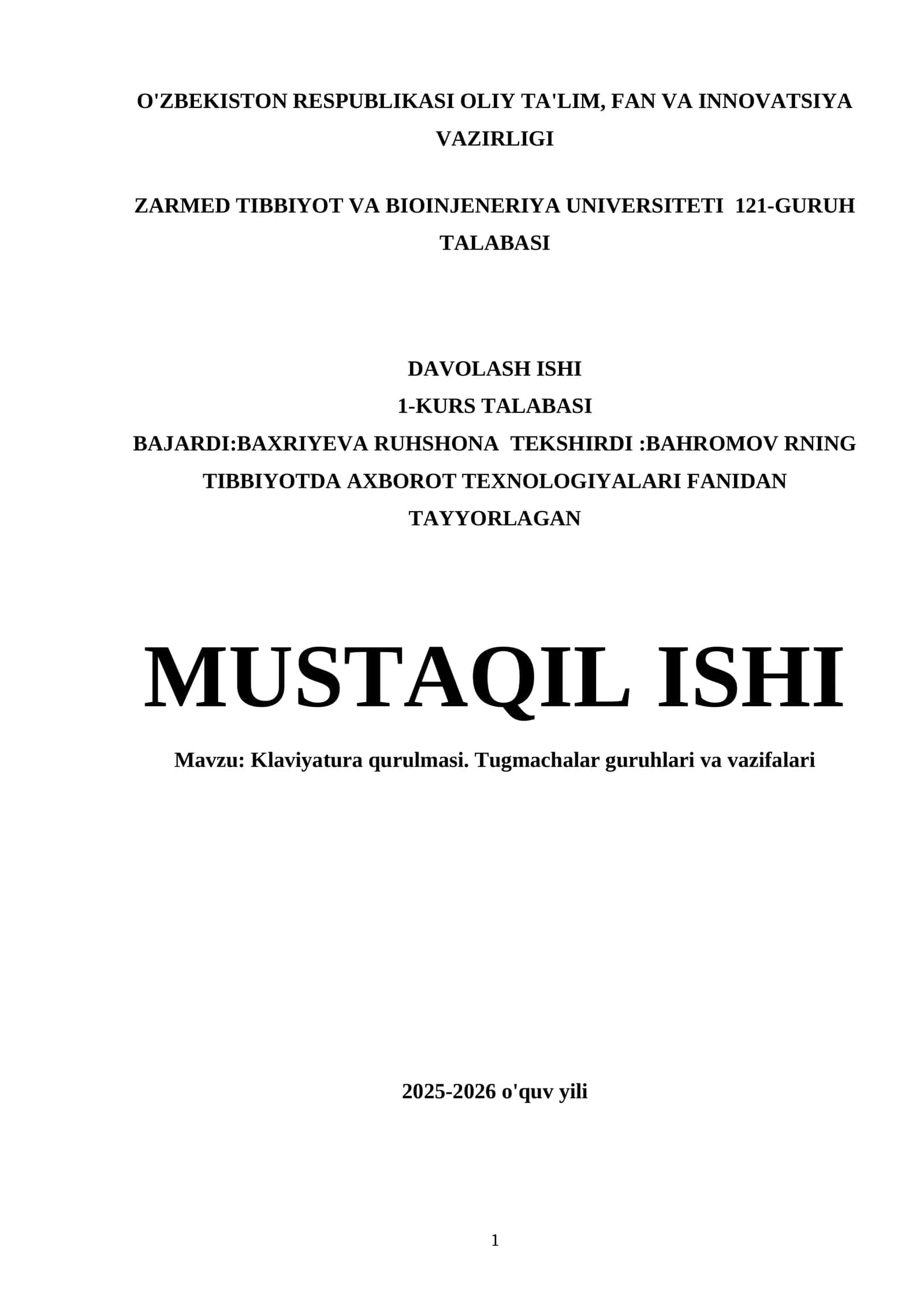 Klaviyatura qurulmasi. Tugmachalar guruhlari va vazifalari 1