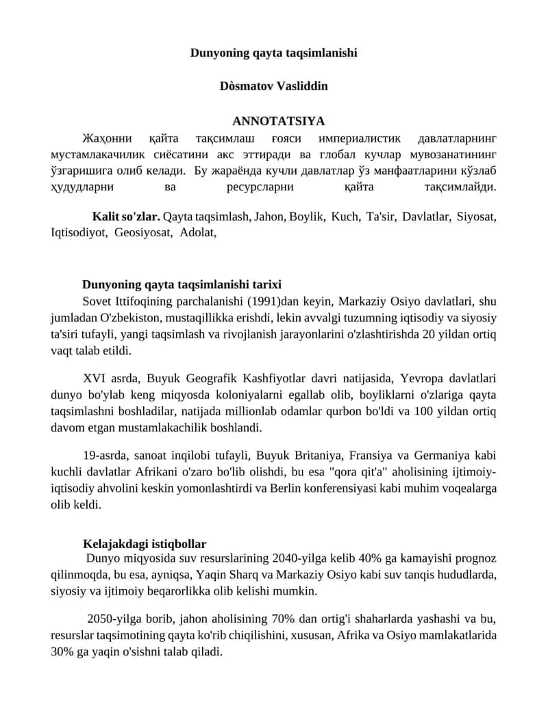 Dunyoning qayta taqsimlanishi 1