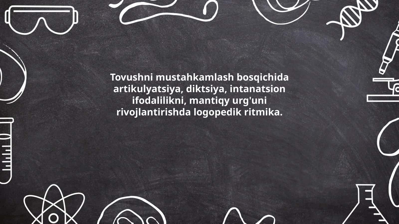 Tovushni mustahkamlash bosqichida artikulyatsiya, diktsiya, intanatsion ifodalilikni, mantiqy urg'uni rivojlantirishda logopedik ritmika 1