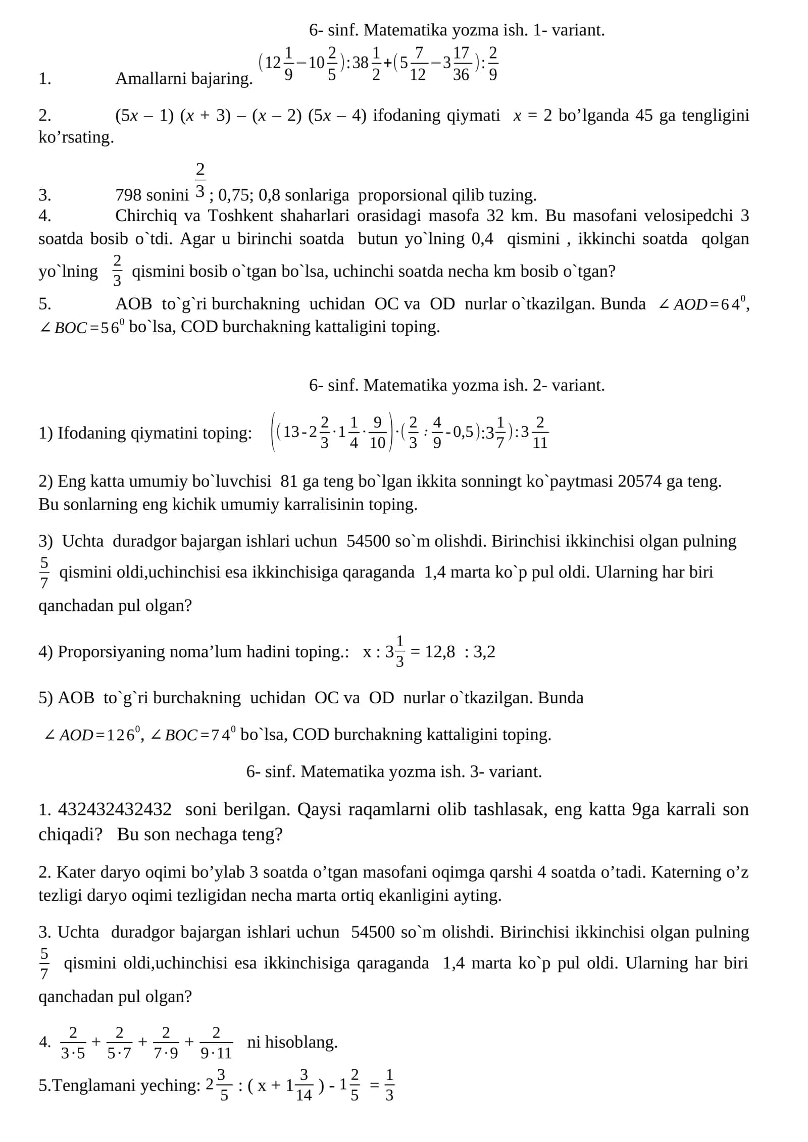 6- sinf. Matematika yozma ish. 1- variant 1