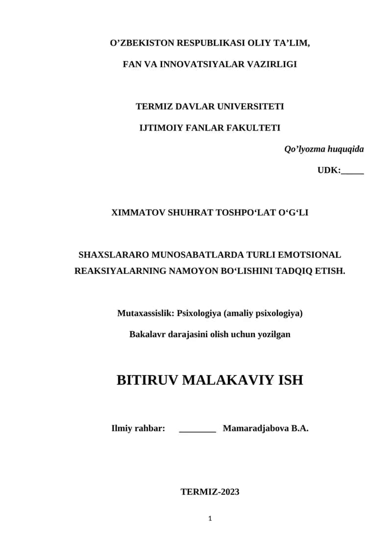 Shaxslararo munosabatlarda turli emocional reaksiyalarning namoyon bo'lishini tadqiq etish 1
