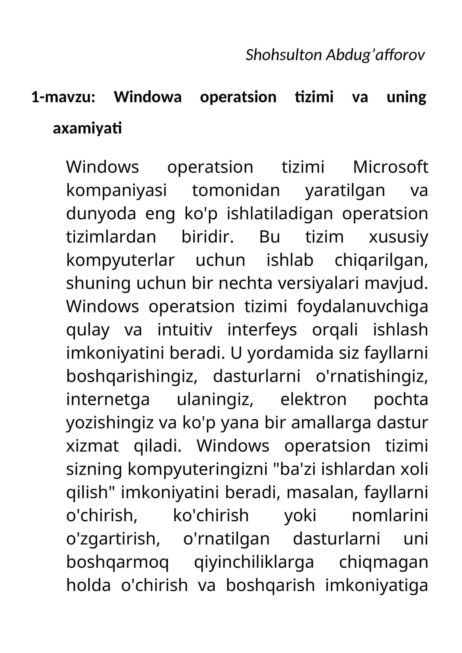 Windowa operatsion tizimi va uning axamiyati 1