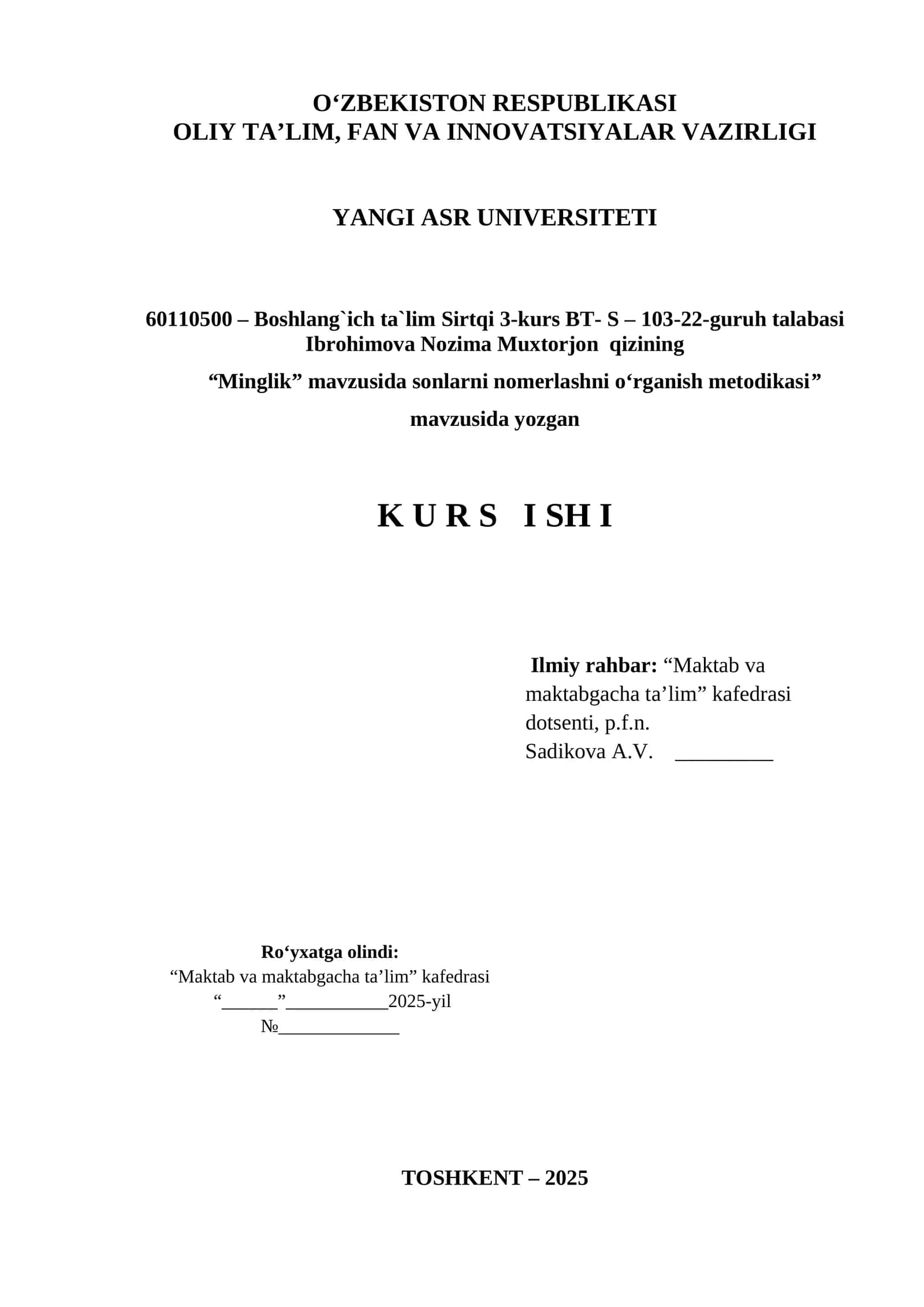 “Minglik” mavzusida sonlarni nomerlashni o‘rganish metodikasi 1