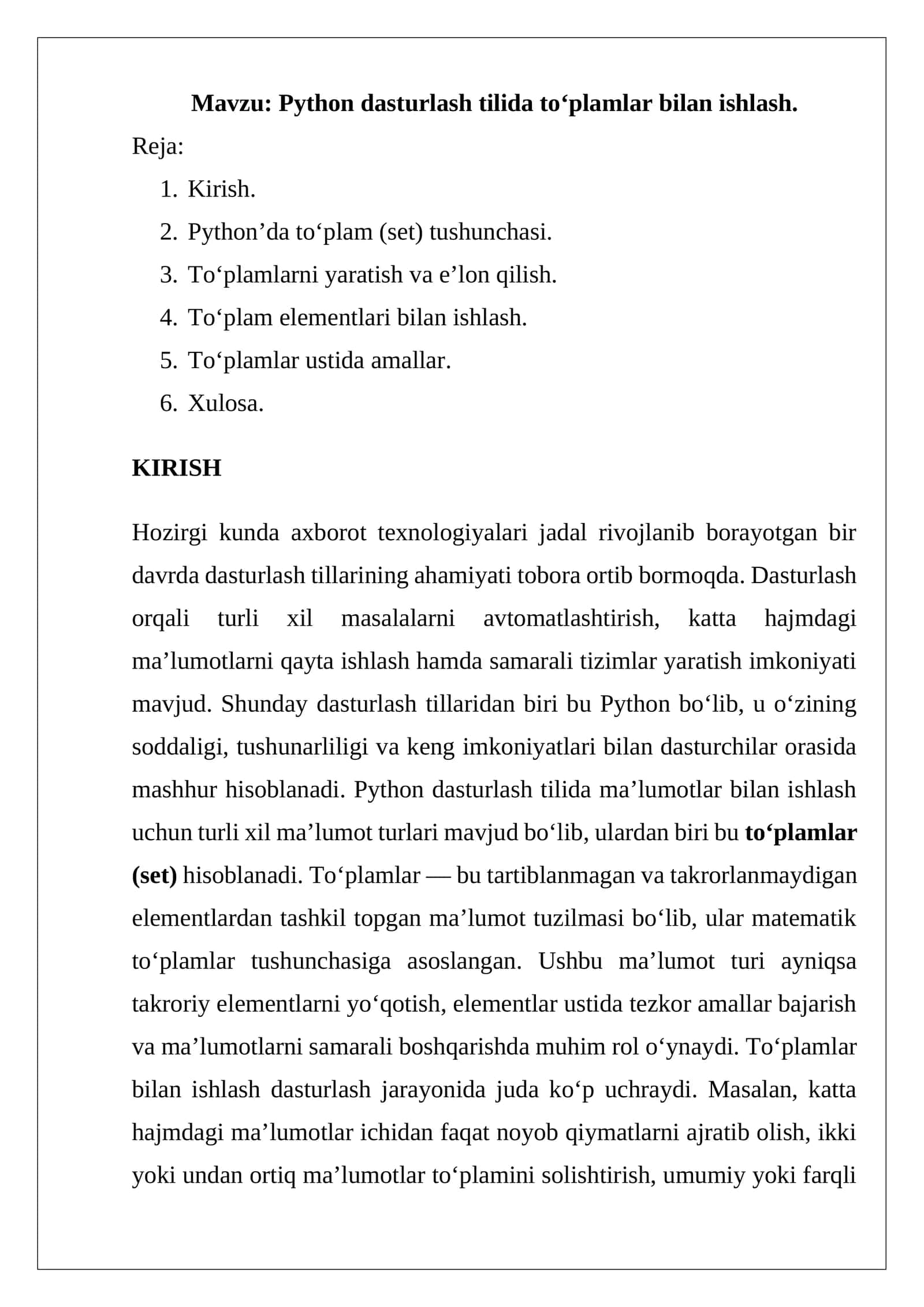 Python dasturlash tilida to‘plamlar bilan ishlash 1