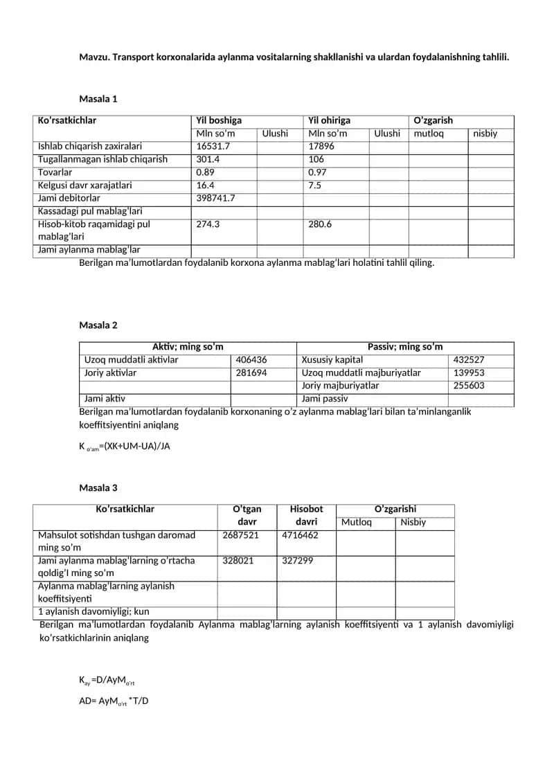 Transport korxonalarida aylanma mablag‘lar shakllanishi va ulardan foydalanish tahlili 1