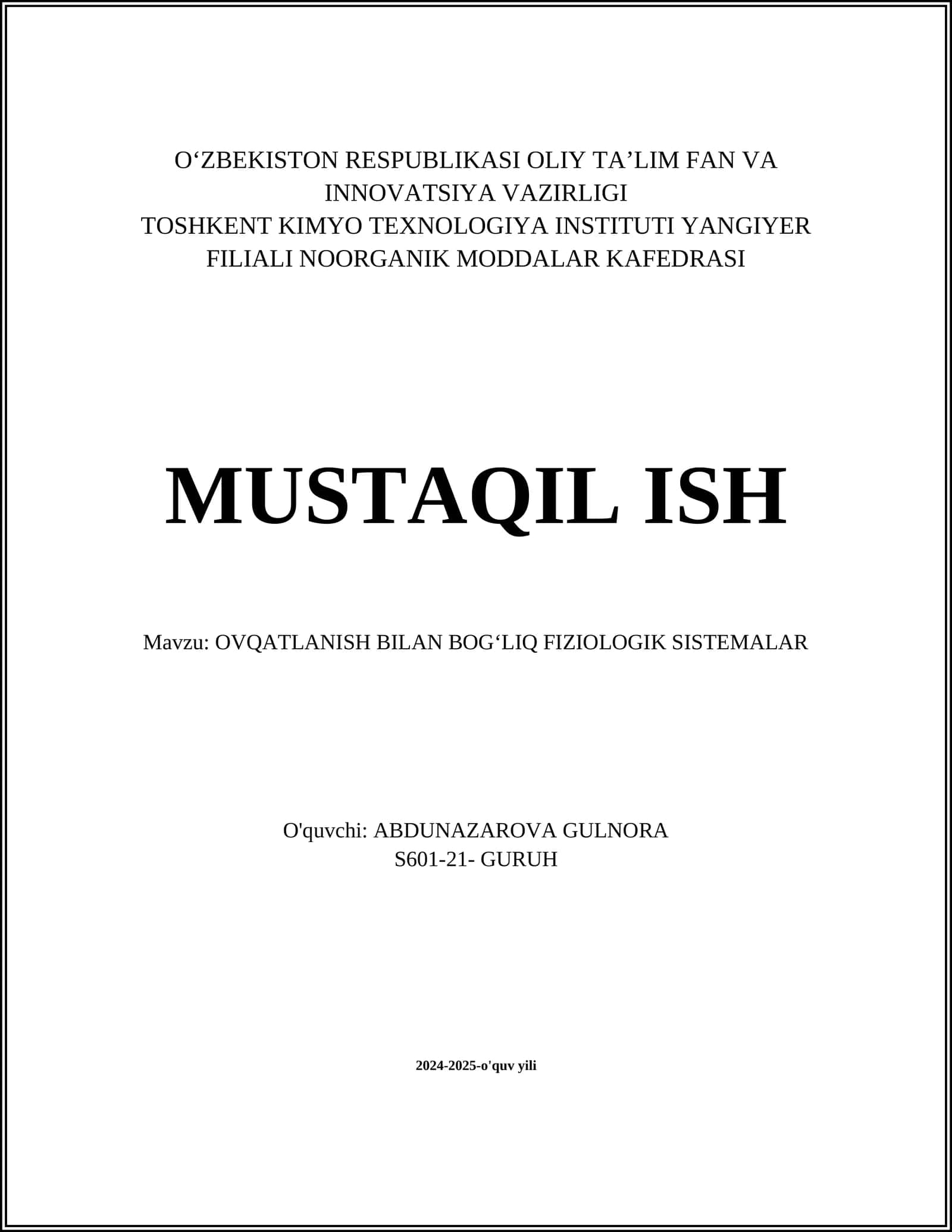 OVQATLANISH BILAN BOGʻLIQ FIZIOLOGIK SISTEMALAR 1