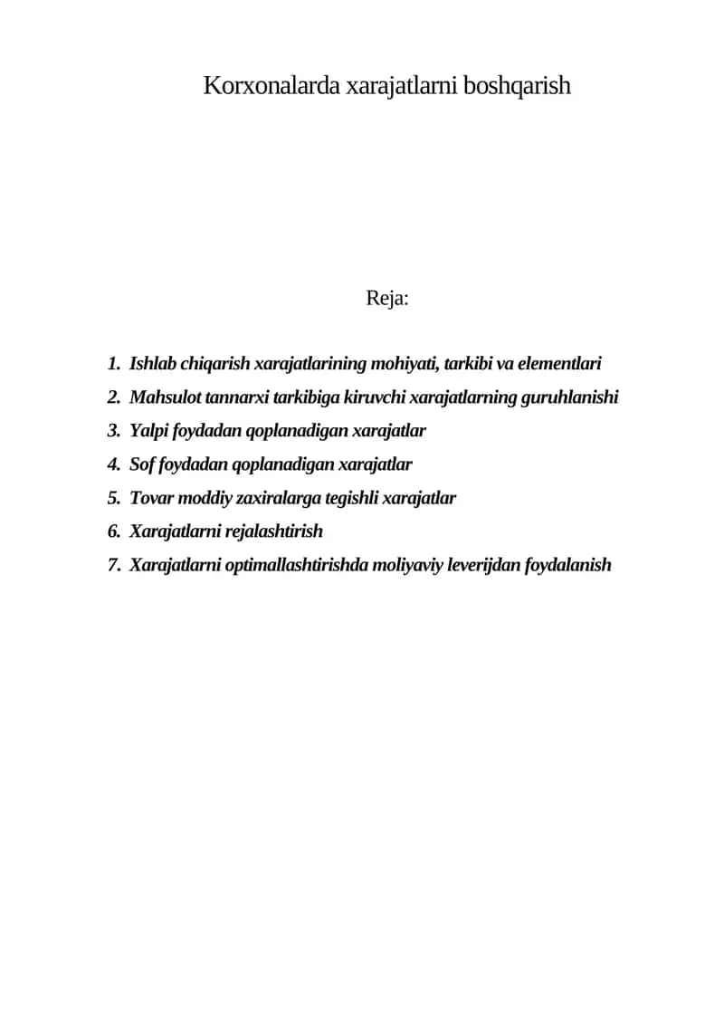 Korxonalarda xarajatlarni boshqarish