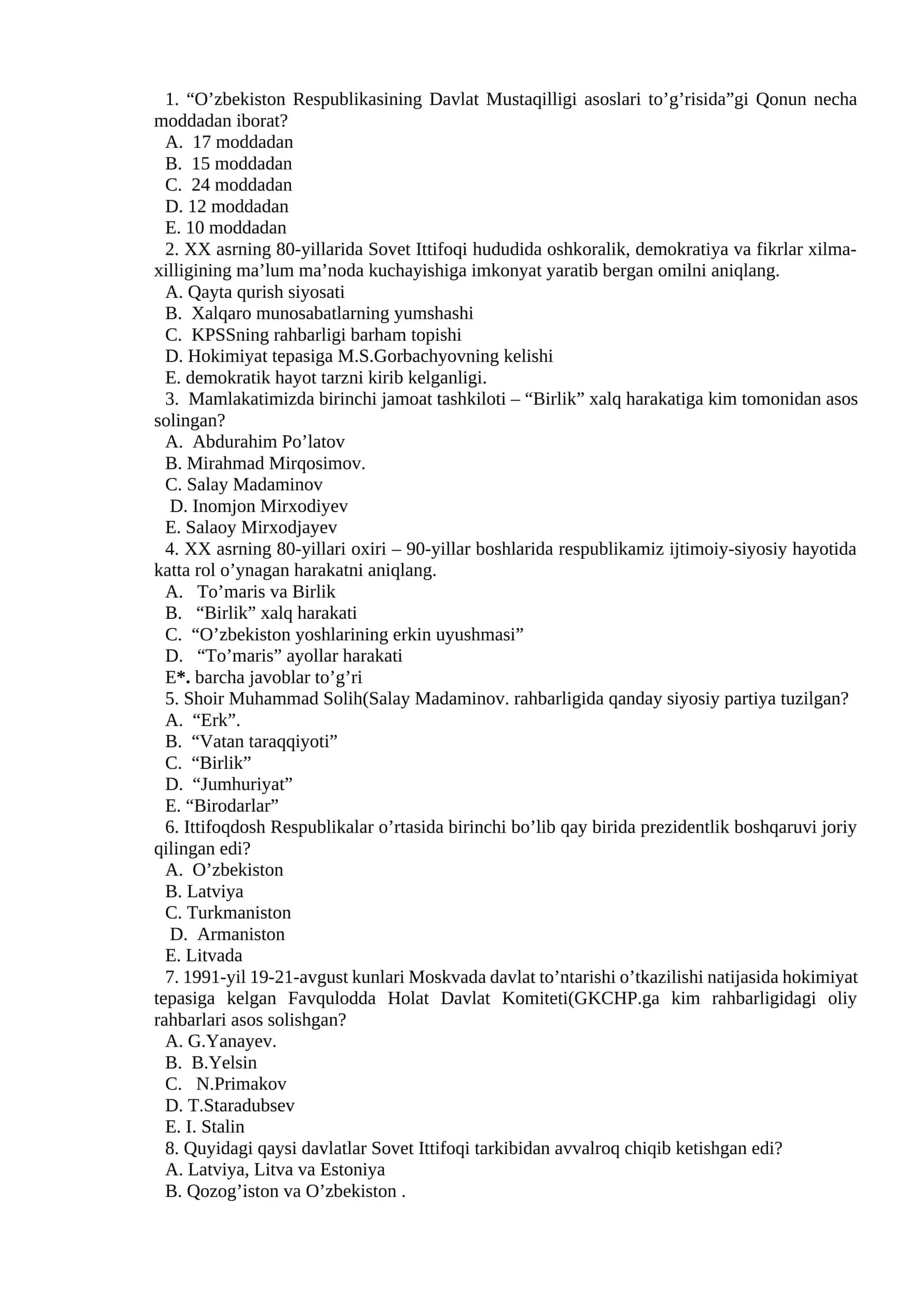 O’zbekiston Respublikasining Davlat Mustaqilligi asoslari 1