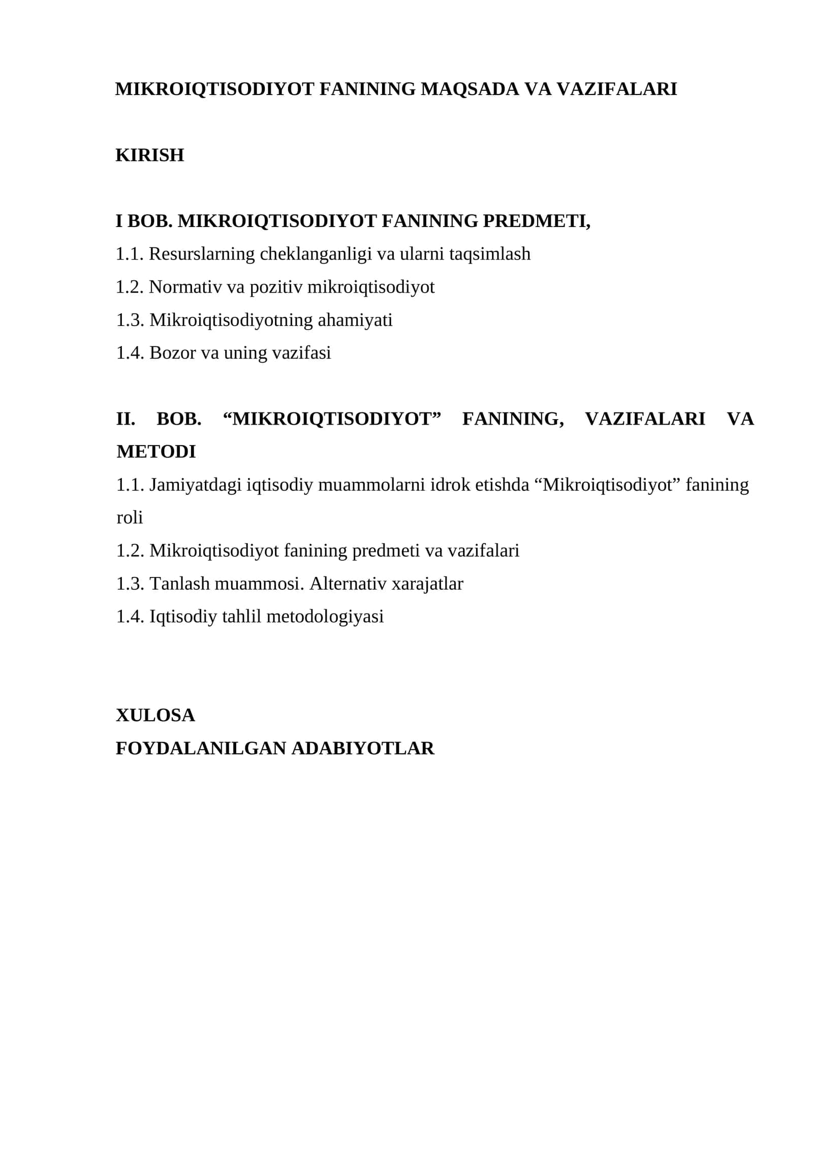 Mikroiqtisodiyot fanining maqsada va vazifalari 1
