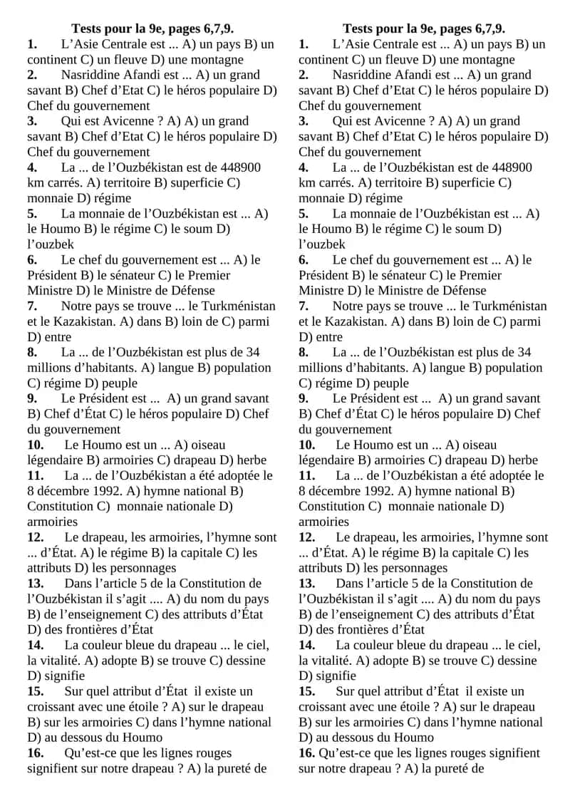 Tests pour la 9e, pages 6,7,9 1