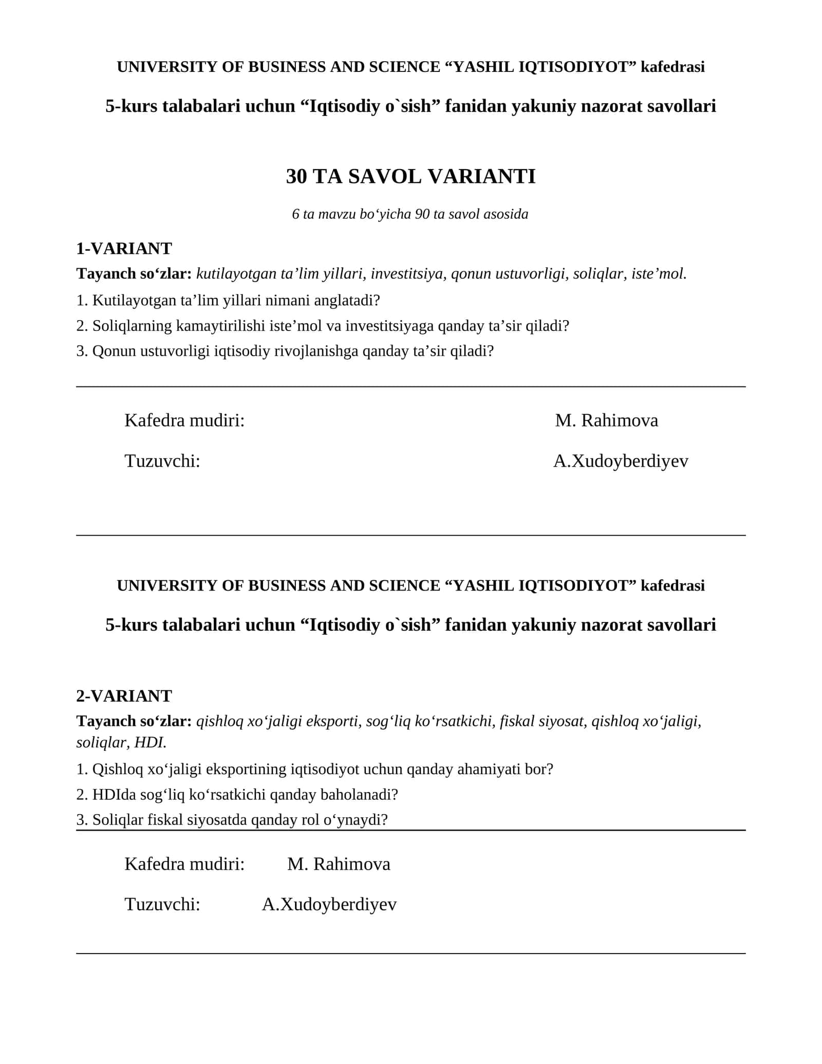 "Iqtisodiy o`sish" yakuniy nazorat savollari 1