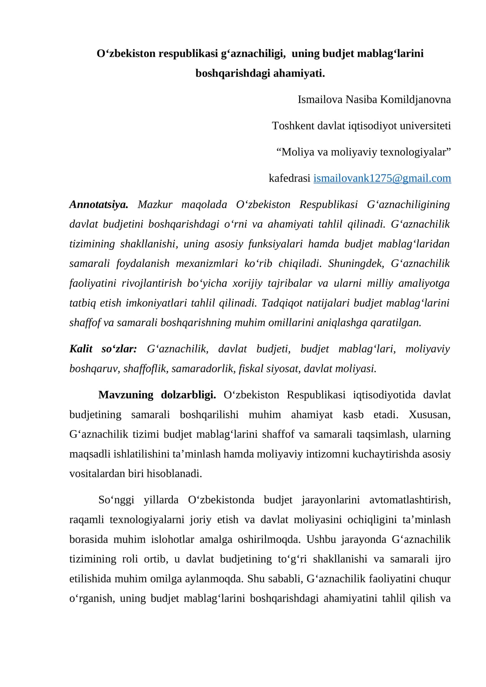 Oʻzbekiston Respublikasi Gʻaznachiligining Davlat Budjetini Boshqarishdagi Ahamiyati 1