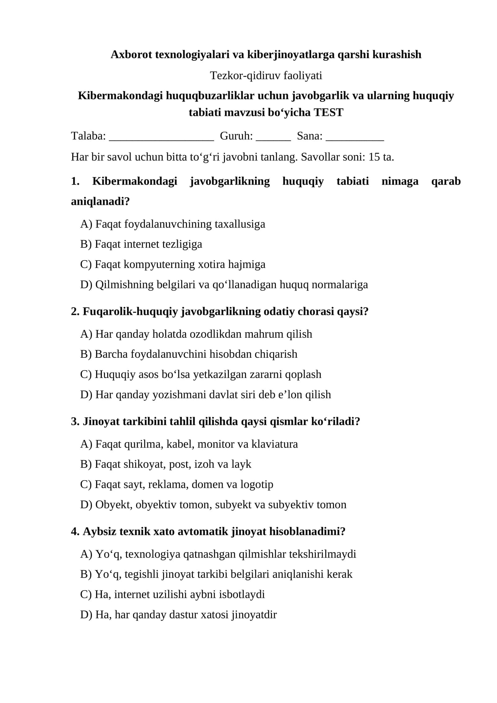 Kibermakondagi huquqbuzarliklar uchun javobgarlik va ularning huquqiy tabiati — TEST.docx 1