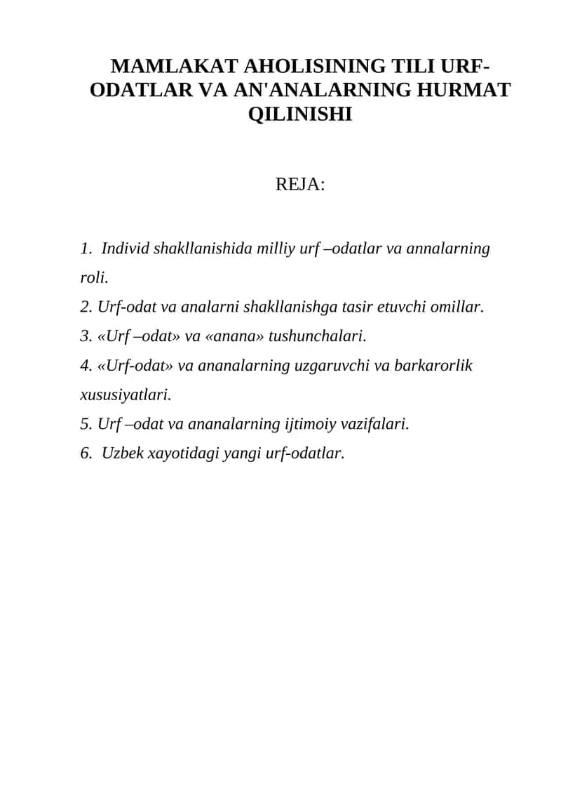 MAMLAKAT AHOLISINING TILI URF-ODATLAR VA AN'ANALARNING HURMAT QILINISHI 1