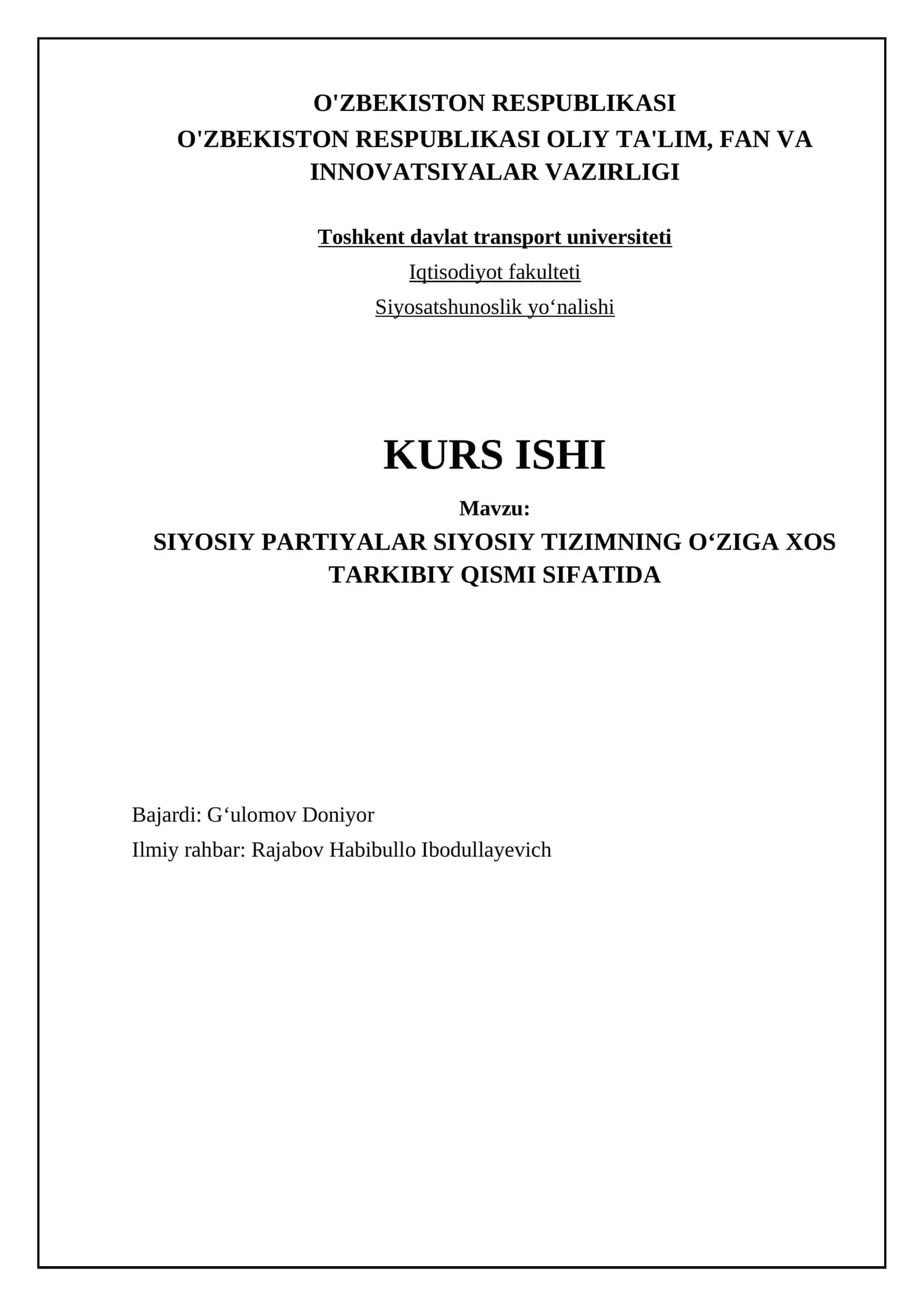 SIYOSIY PARTIYALAR SIYOSIY TIZIMNING OʻZIGA XOS TARKIBIY QISMI SIFATIDA 1