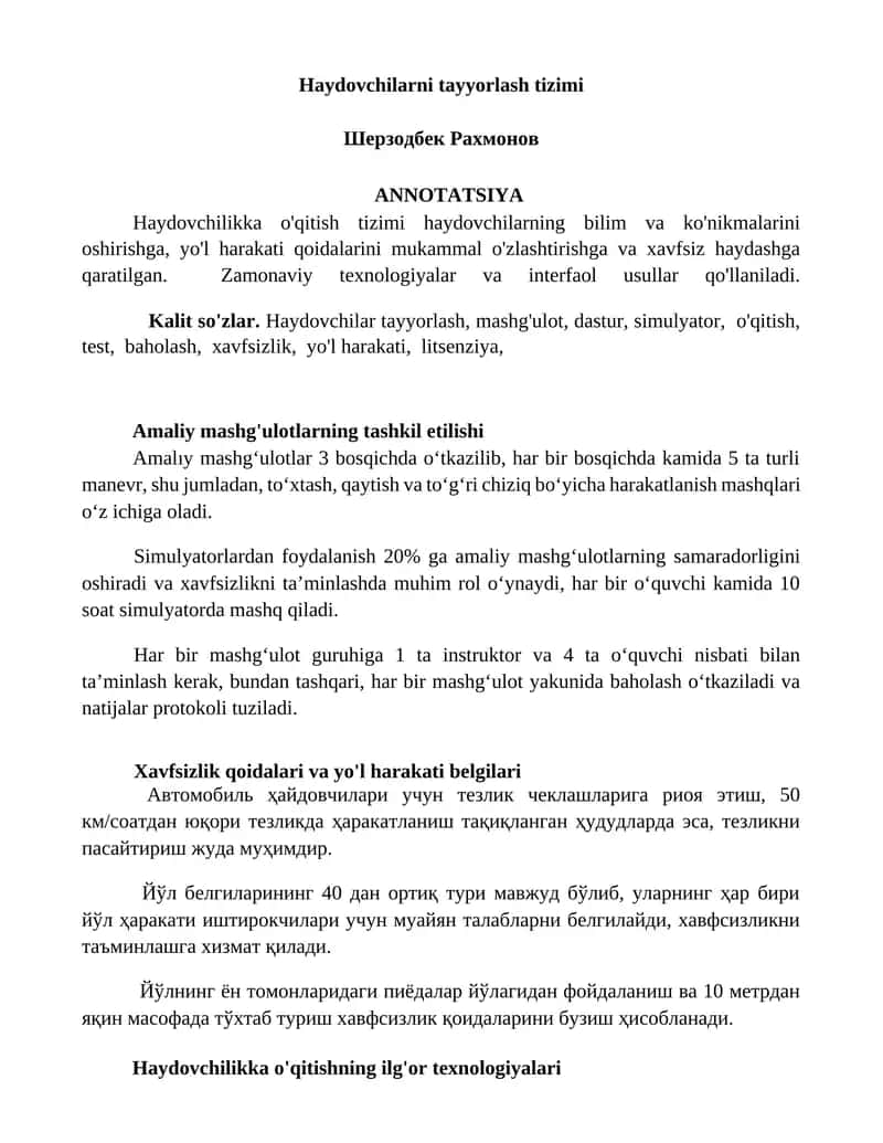 Haydovchilarni tayyorlash tizimi 1