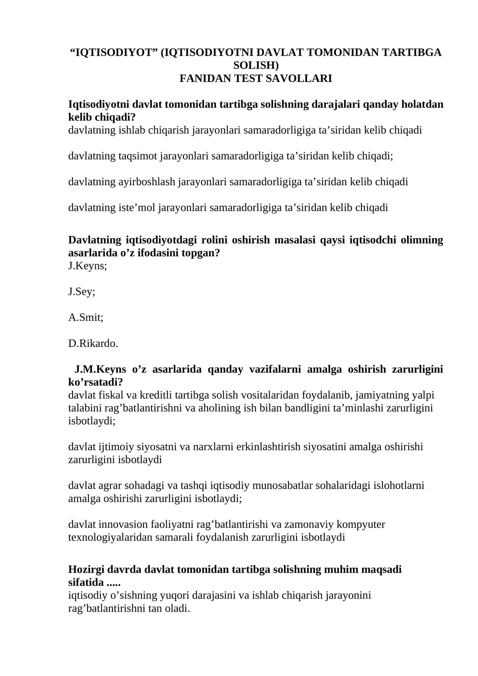 IQTISODIYOT” (IQTISODIYOTNI DAVLAT TOMONIDAN TARTIBGA SOLISH) FANIDAN TEST SAVOLLARI 1