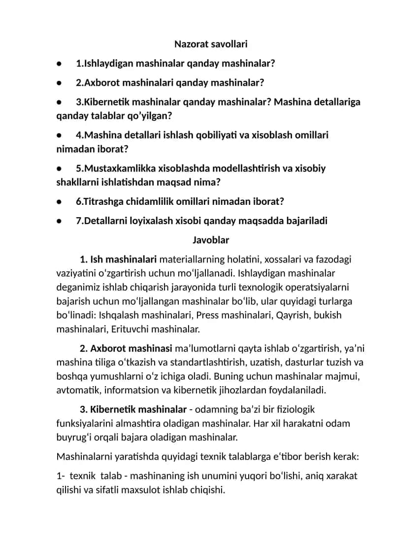 Mashina mexanizmlar xavfsizligi fanidan mazorat savollari 1