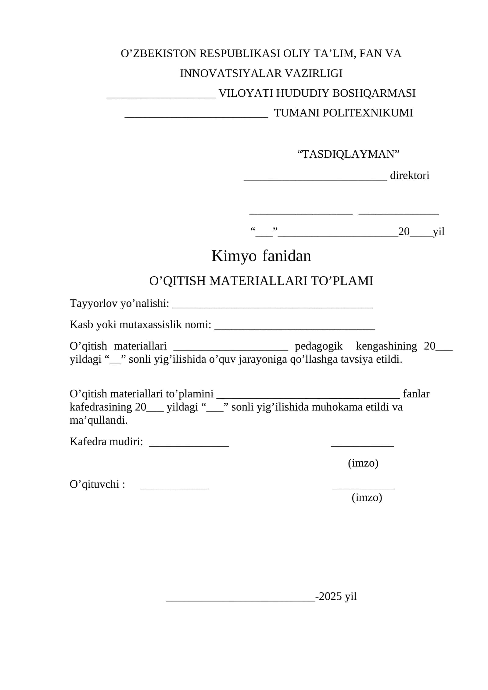 Kimyo fanidan O’QITISH MATERIALLARI TO’PLAMI 1