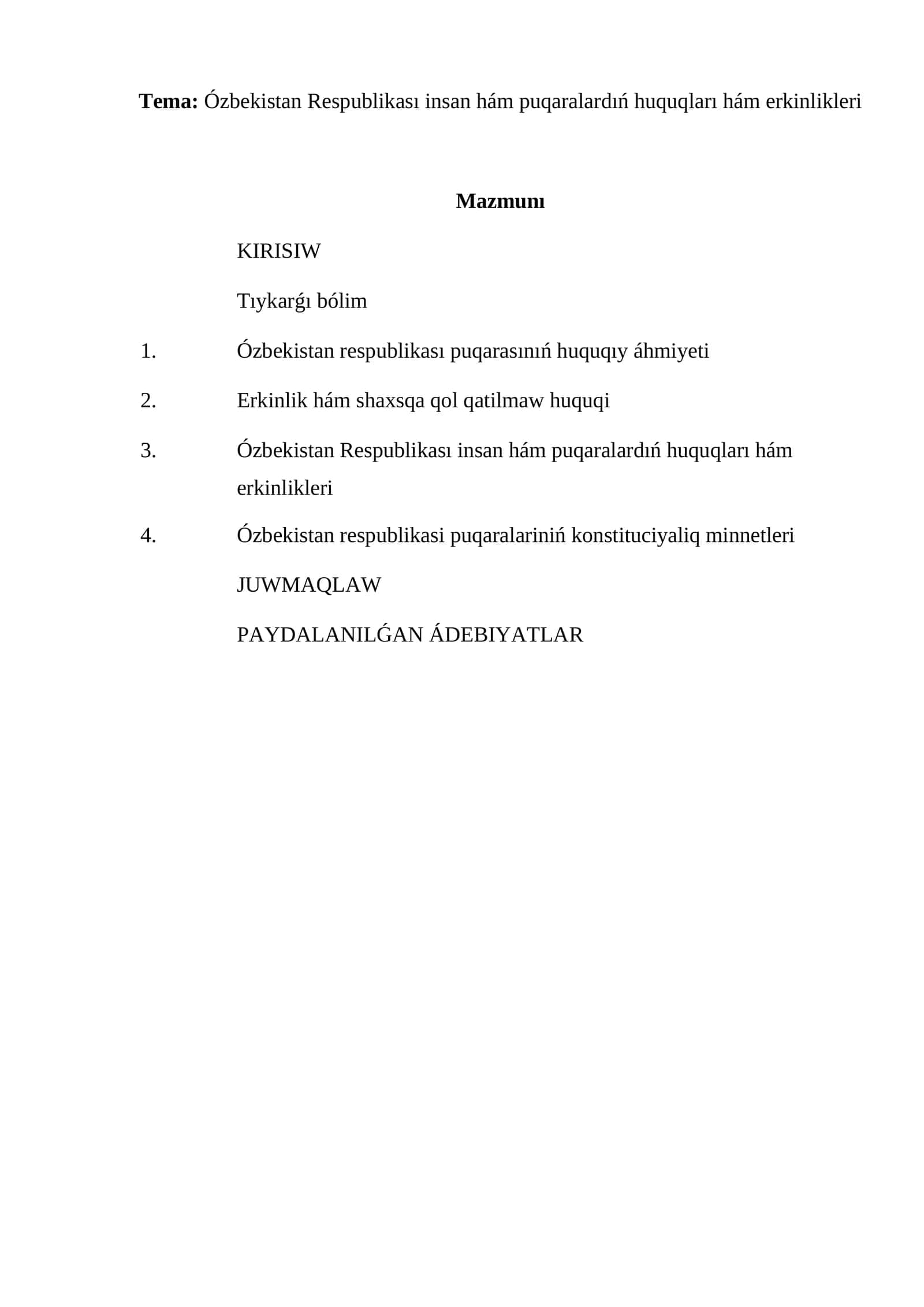 Ózbekistan Respublikası insan hám puqaralardıń huquqları hám erkinlikleri 1