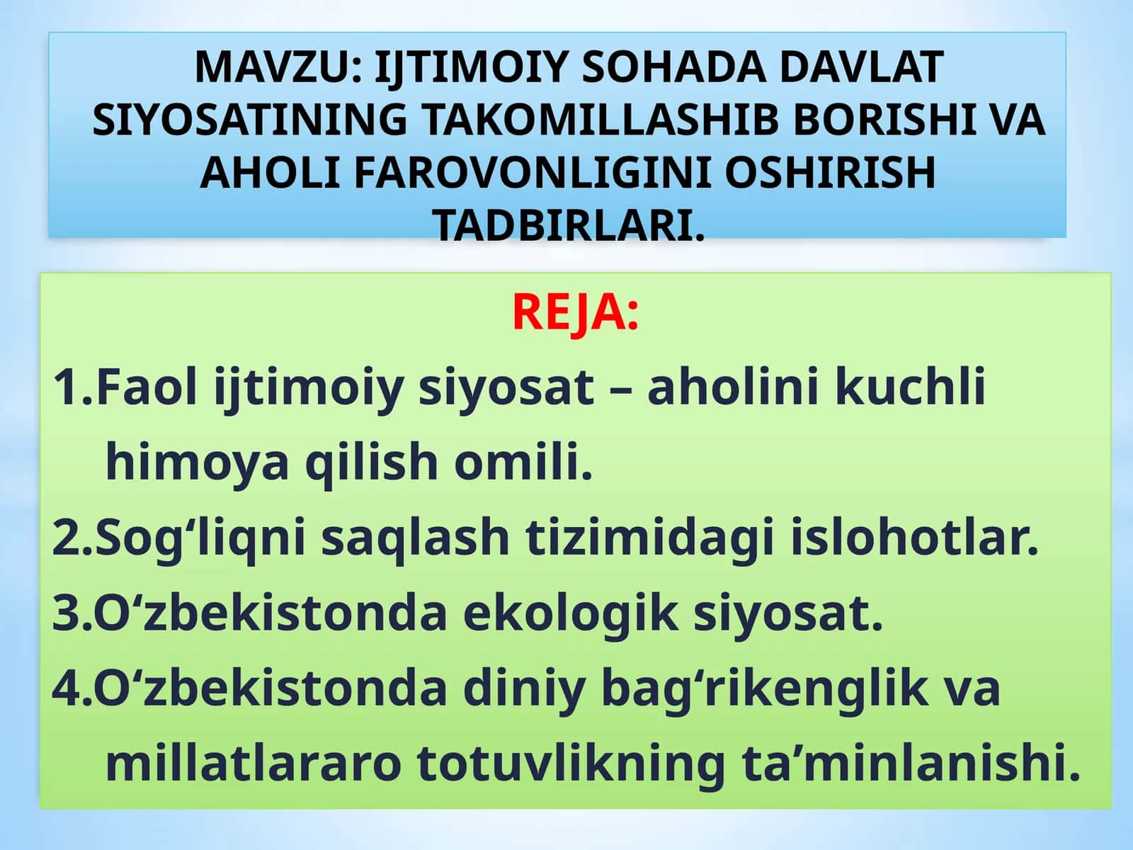 IJTIMOIY SOHADA DAVLAT SIYOSATINING TAKOMILLASHIB BORISHI VA AHOLI FAROVONLIGINI OSHIRISH TADBIRLARI 1