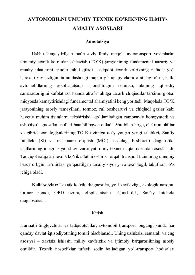 AVTOMOBILNI UMUMIY TEXNIK KO'RIKNING ILMIY-AMALIY ASOSLARI 1