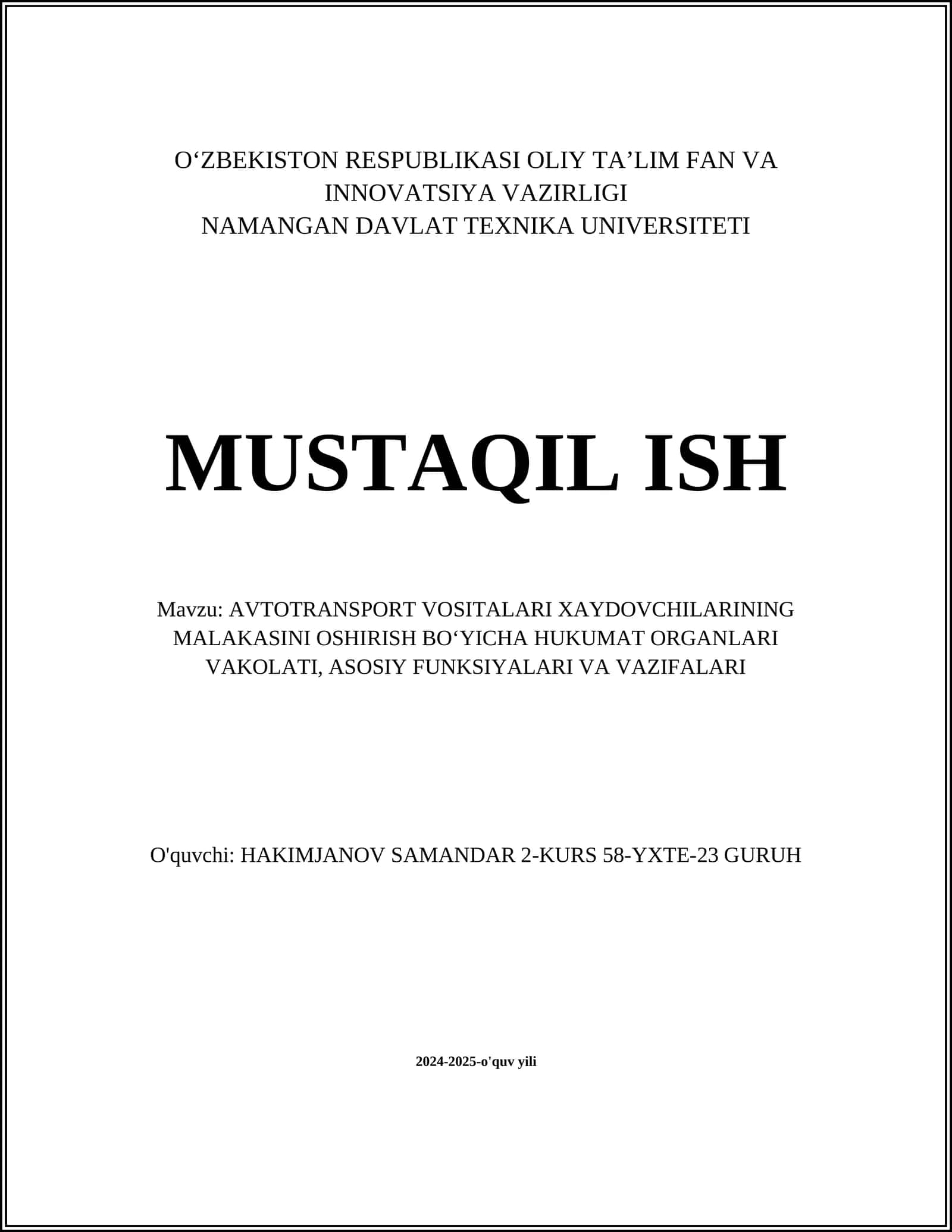 AVTOTRANSPORT VOSITALARI XAYDOVCHILARINING MALAKASINI OSHIRISH BOʻYICHA HUKUMAT ORGANLARI VAKOLATI 1