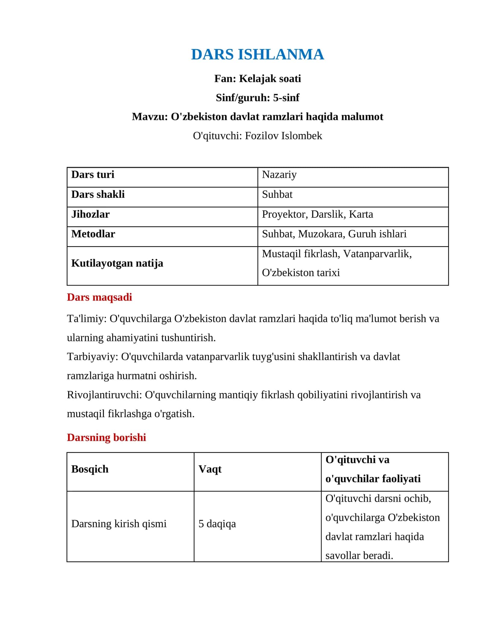 Ozbekiston davlat ramzlari haqida malumot (Dars ishlanma) 1