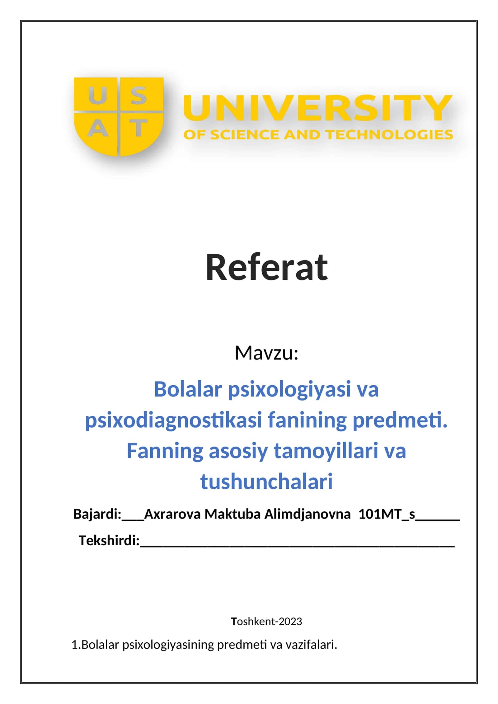 Bolalar psixologiyasi va psixodiagnostikasi fanining predmeti. Fanning asosiy tamoyillari va tushunchalari 1