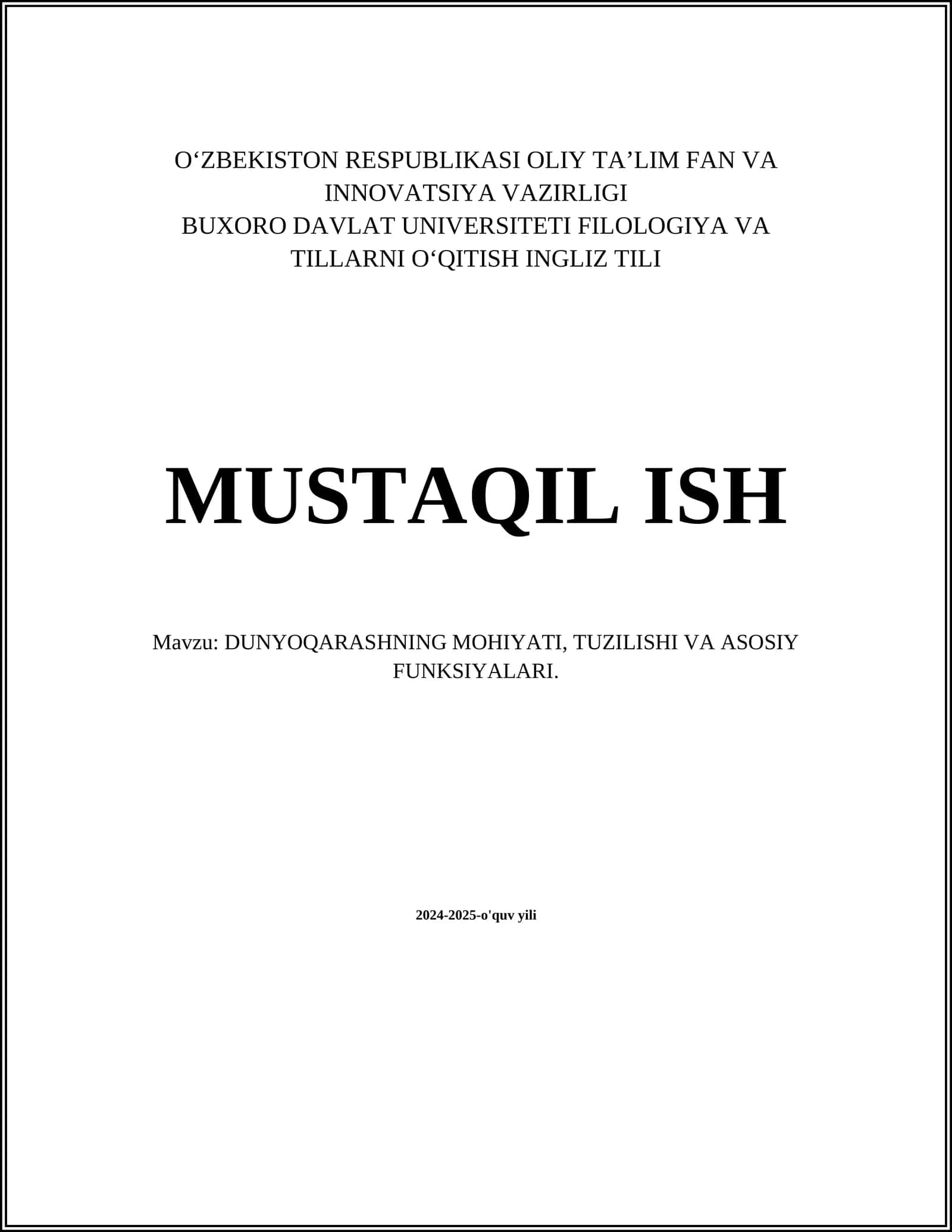 DUNYOQARASHNING MOHIYATI, TUZILISHI VA ASOSIY FUNKSIYALARI 1